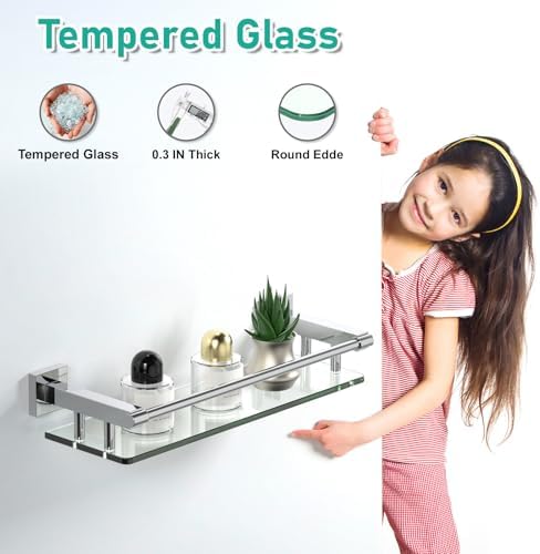 Glass Shelves for Wall, Chrome Stainless Steel & Tempered Glass Glass Shelf for Bathroom, Shelf Sink Over Toilet Bathroom Organizer (16-inch, Polished)