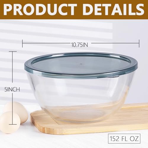 5 Quart Deep Big Glass Bowl with Lid,10 Inch Large Glass Mixing Bowl