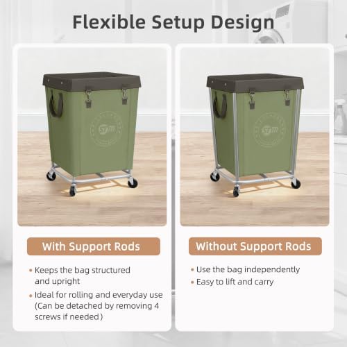 STORAGE MANIAC Commercial Laundry Hamper with Heavy Duty Steel Frame, 160 L Industrial Laundry Basket Cart with Wheels for Hotel, Home, Laundry Room, 18''L x 18''W x 31''H, Medium Green