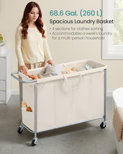 SONGMICS Laundry Basket with Wheels, 4-Section, 68.6 Gallons (260 L)