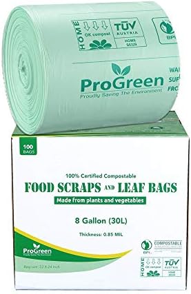 Compostable Trash Bags, Extra Thick, Compost Kitchen Bin Bags, Food Scraps Yard Waste Bags, ASTM D6400 BPI and TÜV AUSTRIA Certified (8 Gallon, Pack of 100)