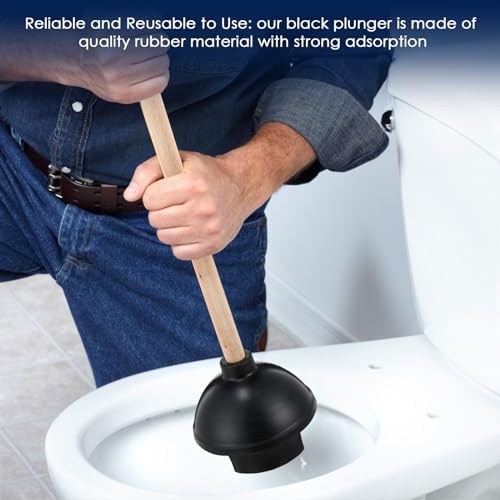 Dandat 6 Pcs Heavy Duty Rubber Toilet Plunger with Wooden Handle, Black