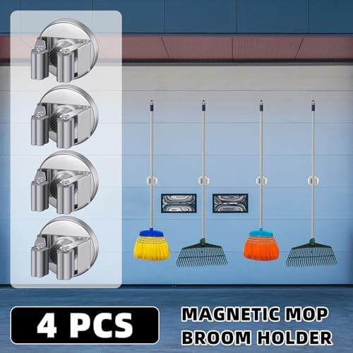 Vercraft 4 Pcs Magnetic Broom Holder Wall Mounted Anti Slip Rack,Silver