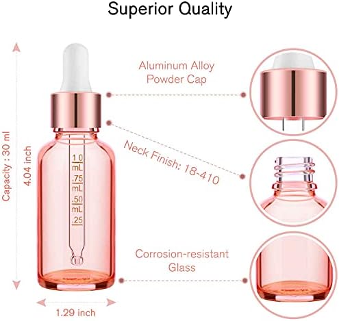 PrettyCare Glass Eye Dropper Bottles 99 Pack, 1oz (30ml) Rose Empty Thick Bottles Bulk with Leakproof Caps - With Labels & Funnels for for Storage, Travel,Essential Oils, DIY Serums