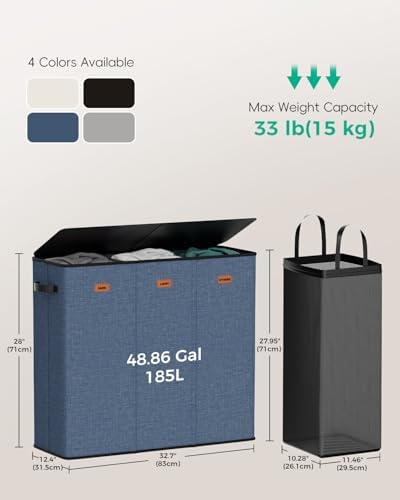 185L Laundry Hamper 3 Section with Lid & Removable Bags