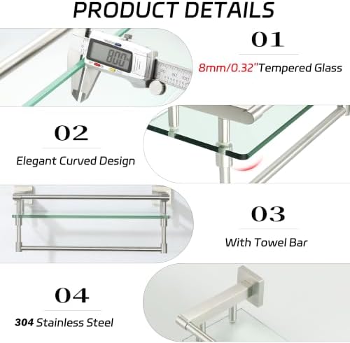 Alise Bathroom Shelf with Towel Bar, 20" Glass Bathroom Shelf Wall Mounted
