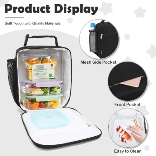 FlowFly Kids Lunch Box Insulated Letter Print Soft Bag Mini Cooler Back to School Thermal Meal Tote Kit for Girls, Boys, Black