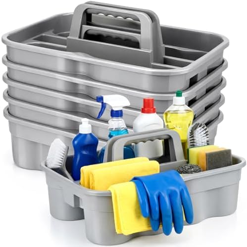 Wesiti 6 Pcs Cleaning Caddy with Handle Large Plastic Housekeeping Shower Basket Cleaning Supplies Organizer for Spray Bottles Brush Home Bathroom Office (Gray)