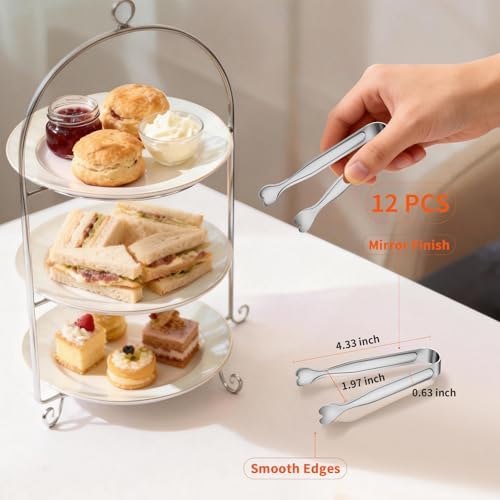 12 PCS Heart-Shaped Small Serving Tongs, 4.3 Inch Mini Sugar Tongs Silver Stainless Steel for Ice Cube, Appetizers, Dessert, Tea Party, Home Kitchen, Coffee Bars, Buffet, Food Grade & Dishwasher Safe