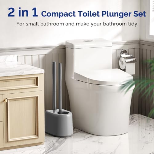 HAMITOR Toilet Plunger and Brush Set for Bathroom Cleaning with Extented Handle - Heavy Duty Toilet Plunger Combo Accessories with Caddy Stand Holder for Small Space - Gray