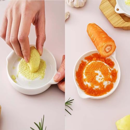 2 Pcs DelloidMaz 3.5 Inch White Ceramic Grater Plate for Ginger, Garlic, Onion, Cheese, Lemon, Chocolate, Vegetables and Fruits for Kitchen (2 Pcs, White)
