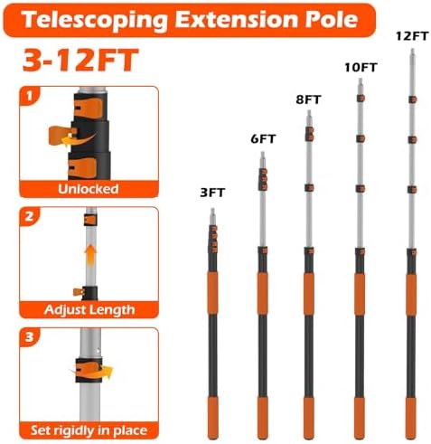 18FT Reach Cobweb Duster with Extension Pole - Spider Web Brush for Cleaning with 3-12FT 4-Section Flip-Lock Telescopic Pole, Effortlessly Cleans High Indoor & Outdoor Webs