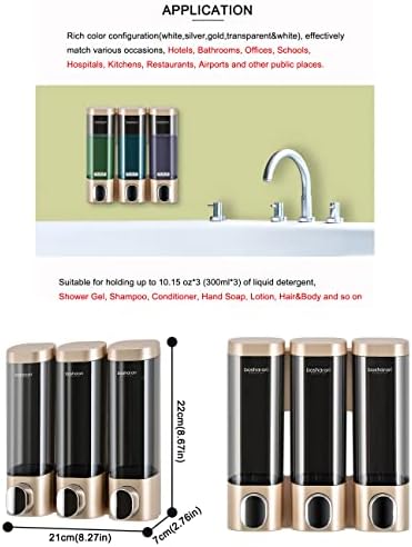 Triple Soap Dispenser Plastic Wall Mount Manual Liquid 3x300ml Shampoo dispensers with Lock for Bathroom (Gold)