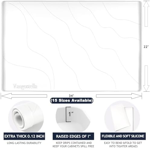 Heavy Duty Silicone Under Sink Mats for Kitchen Waterproof 40" x 22", Extra Thick Under Sink Rubber Mat Drip Tray, Raised Edge Under Sink Liner,Prevent Drips, Leaks, Spills,White