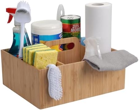 MobileVision Bamboo Multi-Purpose Caddy with Handle, 3 Sections, Sturdy Durable Carrier for Cleaning Supplies, Spray Bottles, Towels, Sponges and more
