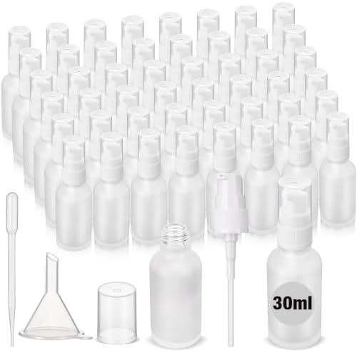 50 Pcs 30ml Empty Refillable Frosted White Glass Pump Bottles with Clear Top, 6 Funnel, 6 Droppers, Travel Size Cosmetic Dispenser for Cream, Lotion, Sample, Liquids Aromatherapy