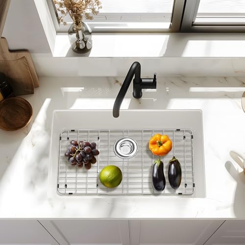 Metal Sink Grate Protector for Kitchen, Stainless Steel Sink Bottom Grid 27-9/16" X 14-9/16",Large Kitchen Sink Protector with Rear Drain Hole, Kitchen Sink Rack with Strainer for Single Bowl