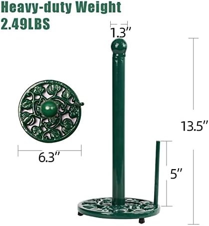 Green Cast Iron Paper Towel Holder for Kitchen Countertop - Vintage Pumpkin Pattern Standing Dispenser with Heavy Weighted Base, Farmhouse Decor, Fits Jumbo Rolls, One-Handed Tear