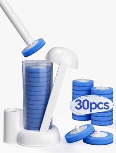 Disposable Toilet Brush System, Toilet Bowl Cleaning Wand with Lift-to-Open Refill Case, Blue Refill Heads and Freestanding Holder, 1 Wand and Holder Set with 30 Blue Refills