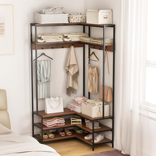 GIANTEX Corner Coat Rack, L-Shaped Hall Tree with Bench and Shoe Storage