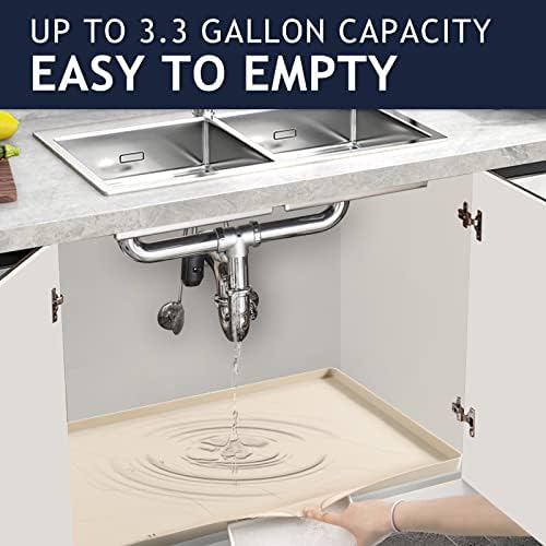 Heavy Duty Silicone Under Sink Mat for Kitchen&Bathroom 25" x 19",Waterproof Under Sink Rubber Mat Drip Tray, Raised Edge Under Sink Liner,Prevent Drips, Leaks, Spills,Beige