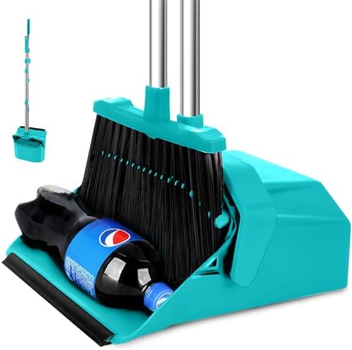 Broom and Dustpan Set for Home, 51" Long Handle Standing Dustpan Blue