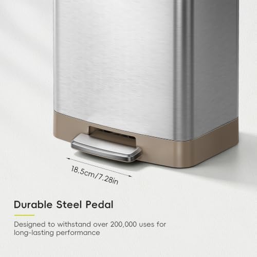 EKO Hudson Matte Stainless 50 Liter/13.2 Gallon Step Trash Can with Rear Trash Bag Storage Compartment