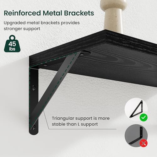 Floating Shelves 8 Inch Deep, 24W x 8D Wall Shelf Set of 2, 50 lbs Heavy Duty Reversible Metal Brackets, Industrial Book Shelf for Living Room Kitchen Bathroom Bedroom Gallery Wall, Black