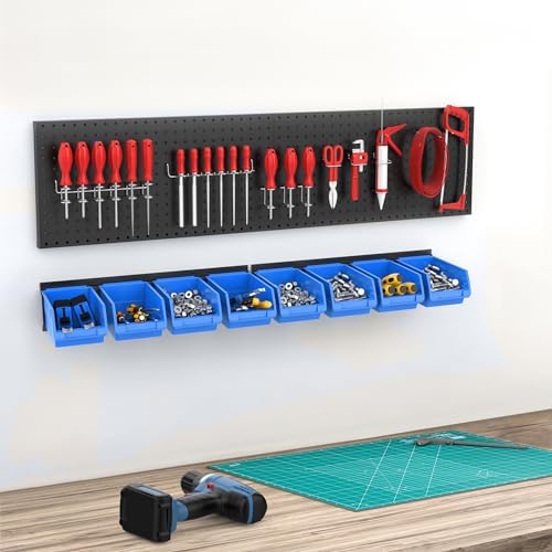 TORACK Wall-Mounted Storage Bins, 8 Plastic Bins & 2 Tracks, Blue
