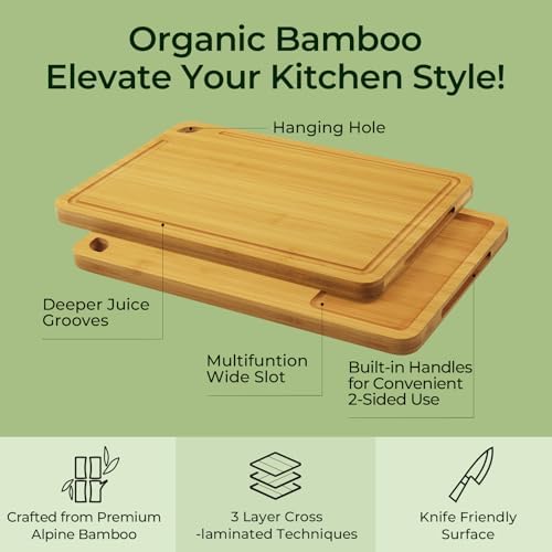 Keechee Wood Cutting Board, Durable Bamboo Cutting Boards for Kitchen with Deep Juice Grooves & Built-in Handles, Ideal Charcuterie & Chopping for Meat, Vegetables and Fruits Ideal Kitchen Gifts