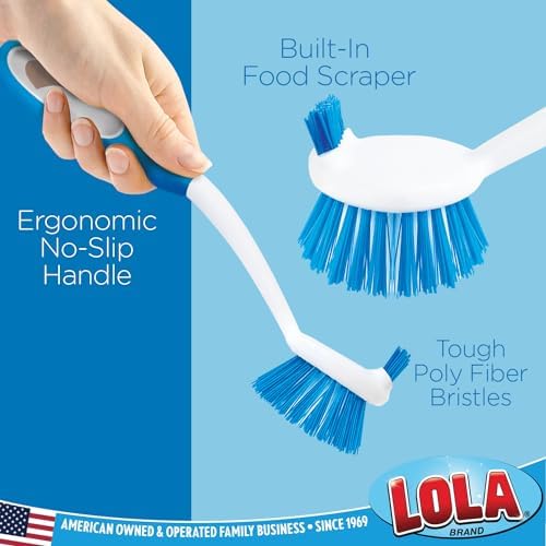 Dish Brush Scrubber for Kitchen, 4 Pack, by LOLA, Has Stiff Bristles & Food Scraper, Comfort No-Slip Grip Handle, Safe for Non-Stick & Coated Cookware