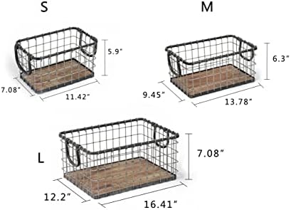Set of 3 Rectangular Sturdy Hand Welded Farmhouse Metal Wire Basket with Rustic Wooden Bottom For Shelves, Closet Storage Bins for Shelves. Also For Laundry, Towel, Spice Rack, Tool Box (SET OF 3)