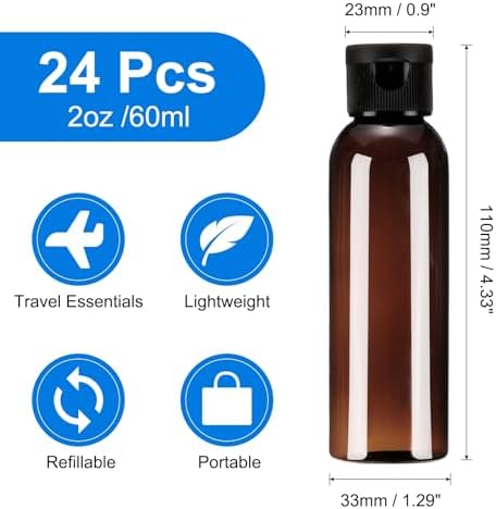 uxcell 2 Oz Plastic Bottles with Flip Caps, 24 Pcs Reusable Travel Size Containers with Lids Plastic Squeeze Refillable Dispensing Bottles for Shampoo, Body Soap, Toner(Brown Black)