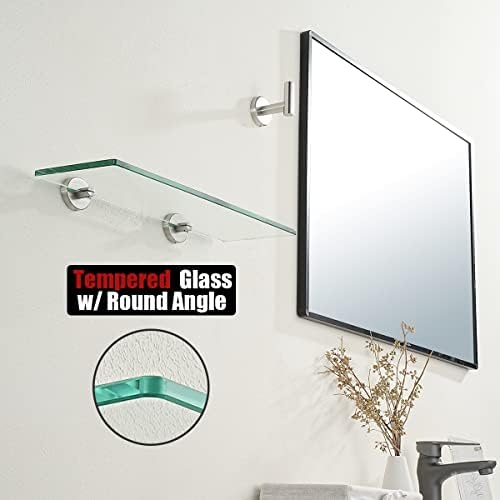 JQK Bathroom Glass Shelf, Tempered Glass Shower Storage 14 by 5 inches, 304 Stainless Steel Brushed Finish Wall Mount, TGS101L14-BN