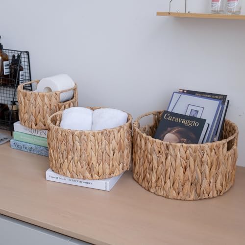 Natural Hand-Woven Water Hyacinth Baskets with Handles(Set of 3)
