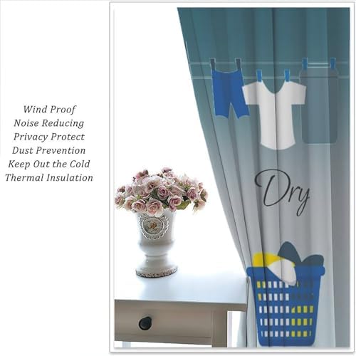 JESTRONRY Laundry Room Blue Theme Curtains,Simple Drawn Wash Dry Fold Repeat Decor Print Fabric Window Treatments Kitchen Bathroom Curtain, Home Decor Rod Pocket Window Drapes 52x84 Inch Blackout