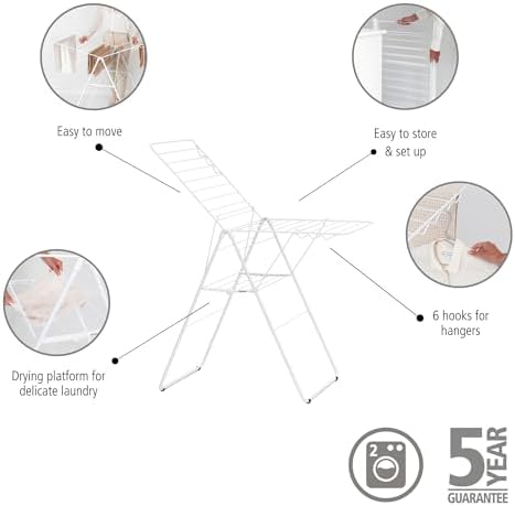 Brabantia HangOn Clothes Drying Rack | 67ft (20m) | White | Large Indoor Clothes Airer Laundry Stand with 2 Fold-Out Wings & Hanger Hooks, Folds Flat | Fits 2 Full Loads