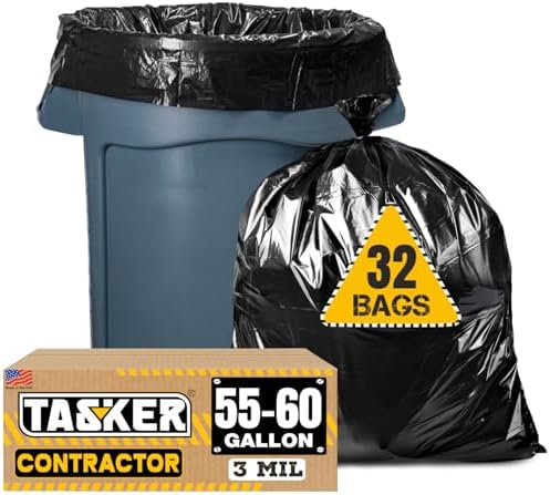 Tasker Contractor Garbage Bags 55 Gallon 3 Mil Heavy Duty (32 Bags w/Ties) 60 Gal Contractor Bags 3 Mil. 55 Gallon Heavy Duty X-Large Black Trash Bags 50 Gal,