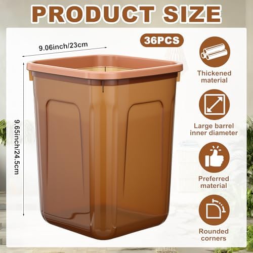 36 Pack Small Square Trash Cans Bulk, 2.6 Gallon Translucent Brown Wastebaskets with Bag Securing Ring, Thickened Corner Garbage Bin for Hotel Room, Office, Cabin and Bathroom