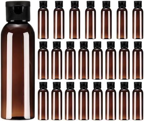 uxcell 2 Oz Plastic Bottles with Flip Caps, 24 Pcs Reusable Travel Size Containers with Lids Plastic Squeeze Refillable Dispensing Bottles for Shampoo, Body Soap, Toner(Brown Black)
