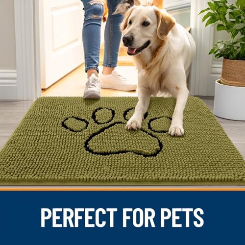 OLANLY Dog Door Mat for Muddy Paws 30x20, Paw Print Design Chenille Mud Mat