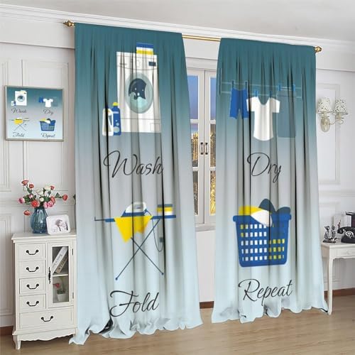 JESTRONRY Laundry Room Blue Theme Curtains,Simple Drawn Wash Dry Fold Repeat Decor Print Fabric Window Treatments Kitchen Bathroom Curtain, Home Decor Rod Pocket Window Drapes 72x63 Inch Blackout