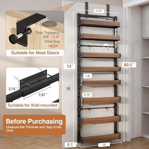 8-Tier Over The Door Pantry Organizer, Heavy-Duty Metal Wall Mount or Hanging Spice Rack, behind the door storage Shelves with Adjustable Basket, Back of Door Organizer for Kitchen Cabinet and Closet