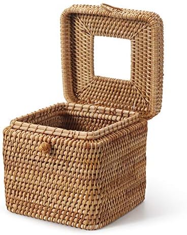 Rattan Square Tissue Box Cover, 5.7" x 5.7" x 5", Decorative Woven Facial Tissue Holder with Hinged Top Lid, Natural Color