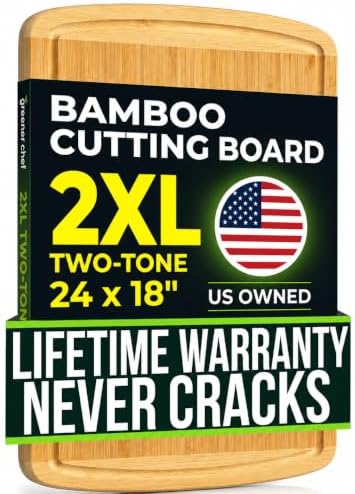 HUGE 24 Inch Bamboo Cutting Board with Lifetime Replacement - 2XL Extra Large Wooden Butcher Block for Kitchen, Stove Top, Meat, Vegetables, and Charcuterie with Deep Juice Grooves