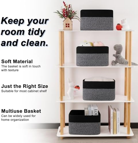 4 Pack Storage Baskets for Organizing, Woven Baskets for Shelves - Perfect for Toys, Books, Towels, and Clothes, Durable Gift Basket Bins Toy Storage, 12.7''Lx9''Wx7.8''H, Dark Grey and Black