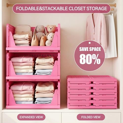 Pink Girl Closet Organizers and Storage Stackable Plastic Drawer Basket for Clothing Stackable Storage Bins Shelf Storage Container for RV Closet Wardrobe Bedroom Bathroom Playroom 6 Pack