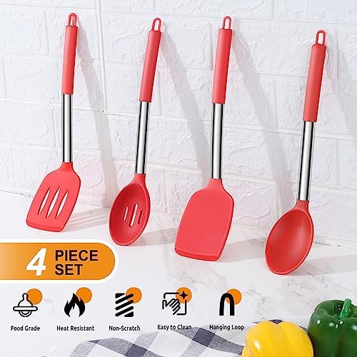 Cooking Utensils Set of 4, E-far Silicone Kitchen Utensils for Non-stick Cookware, Heat Resistant & Non-toxic Slotted Spatula Solid Spoon Turner for Flipping Mixing Serving Basting(Red)