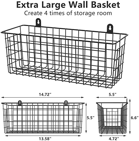 MaraFansie Extra Large Hanging Wall Basket 4-Pack Wall Mounted Wire Basket Cabinet Storage Bin Organizer Wall Shelves Farmhouse Decor for Home Kitchen Bathroom, Black