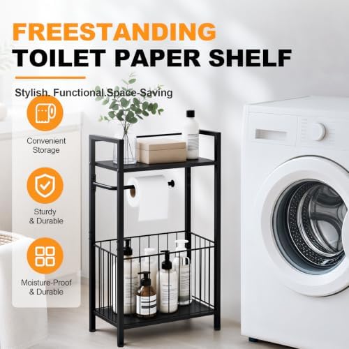 Black Freestanding Toilet Paper Holder Stand with Shelf and Storage, All-in-One Bathroom Tissue Roll Dispenser with Extra Space for Toilet Rolls, Wet Wipes, Phones, Tablets and Magazines
